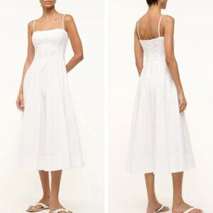 NEW STAUD Wylie Midi Dress White Pleated Causal French Cotton